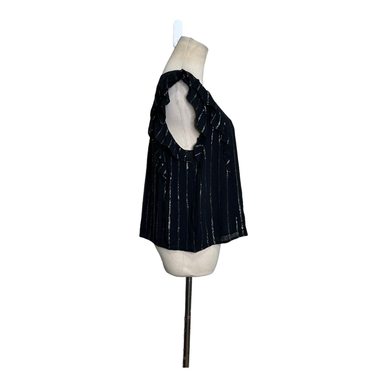 BB Dakota black silver stripes ruffled short sleeves blouse size Small