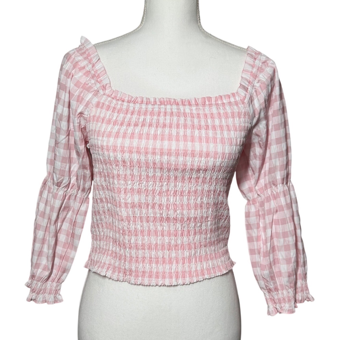 Mi Ami Smocked Gingham Crop Top Size M Pink White Puff Sleeve Square Neck