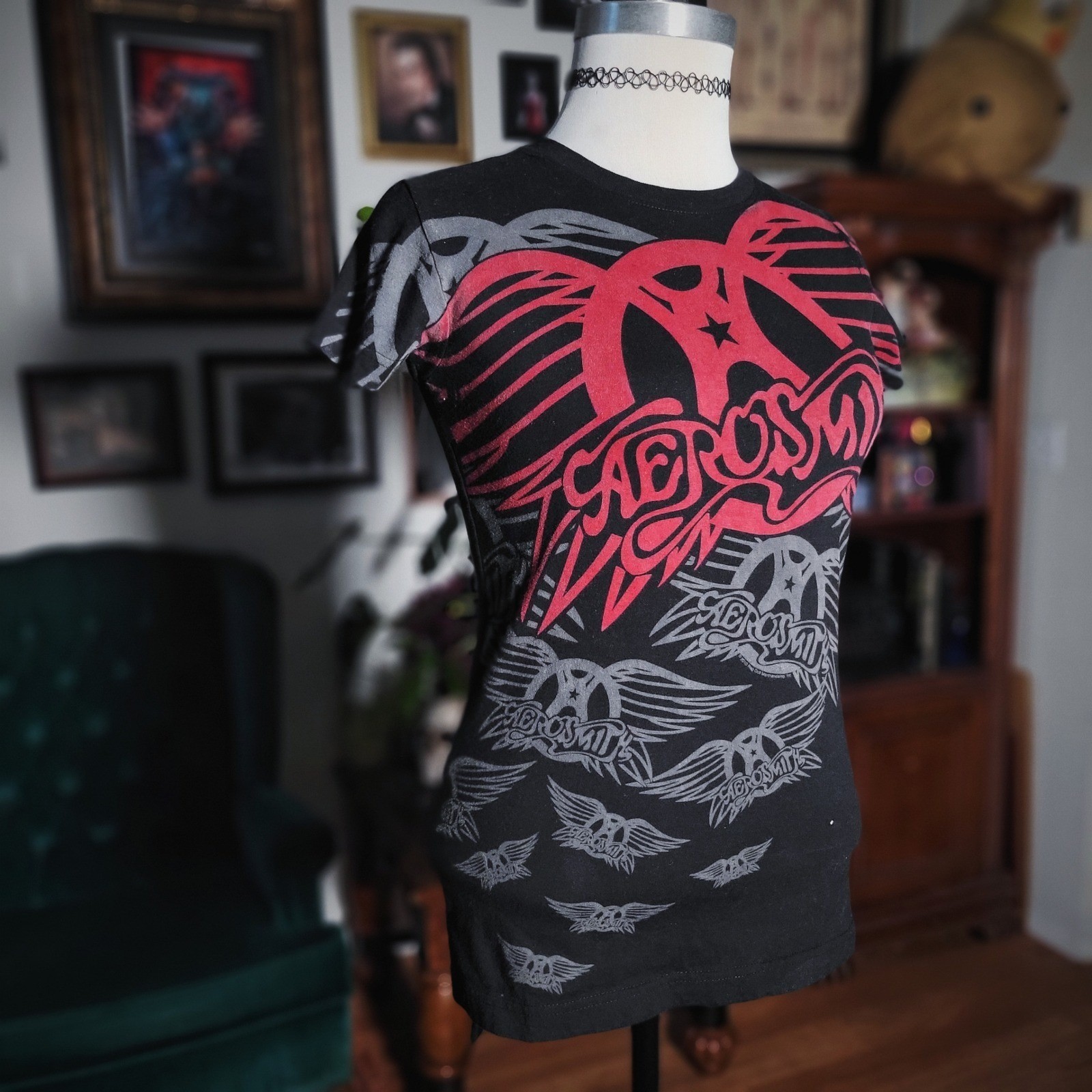 Aerosmith Band Tee Shirt Liquid Blue Womens Medium Black Red Wing Graphic Rock