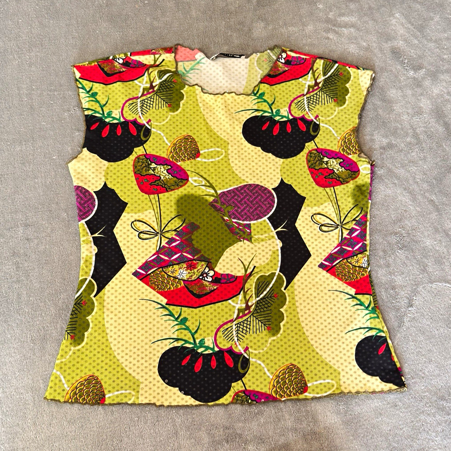 Vintage Jaipur Womens Top Sleeveless Green Pink Abstract Japanese Art Print