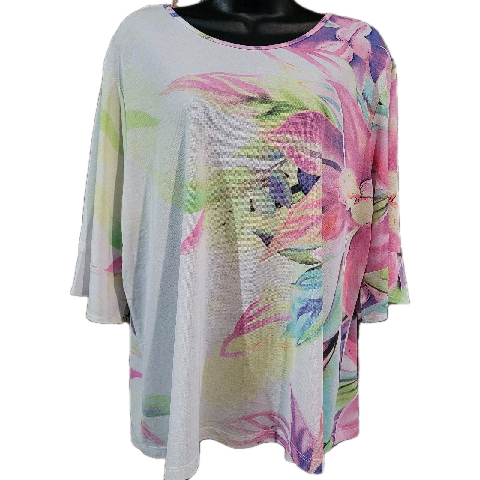 Clara Sun Woo Floral Blouse Size 1X Multicolor Tie-Back Semi Sheer Lightweight