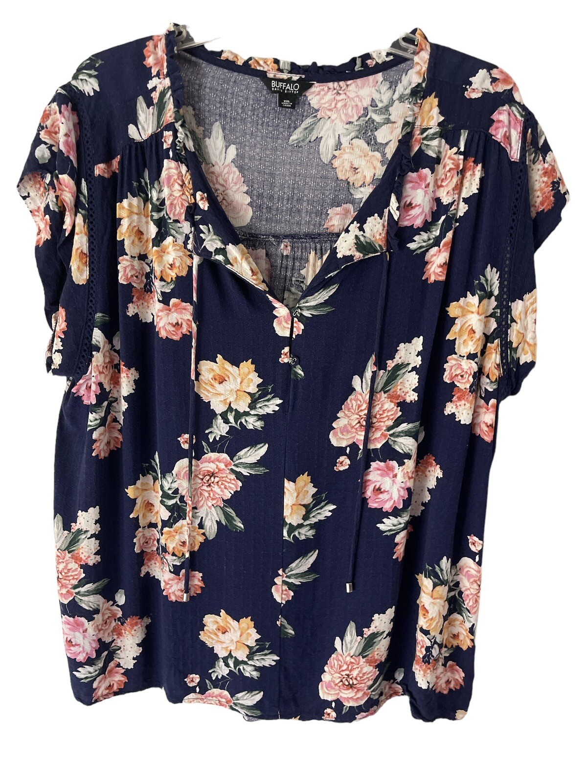 Buffalo David Bitton Blouse Womens XXL Navy Multicolor Floral Print Popover Top