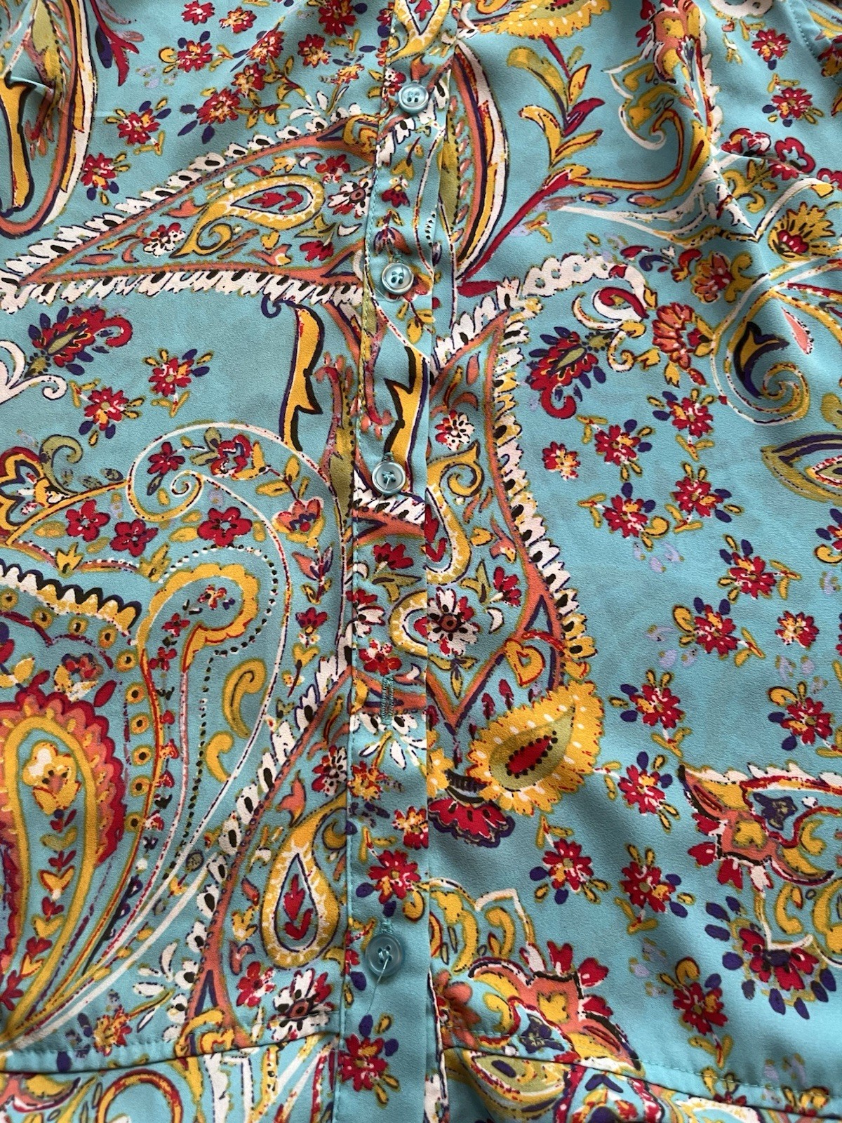NY & Co Paisley Sleeveless Blouse Aqua Boho Cottagecore Ruffle Shoulder Small
