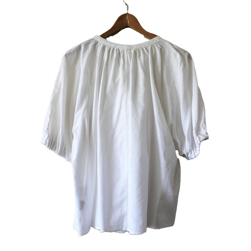 H&M Linen & Cotton Blend Tie-Neck Balloon-Sleeve Blouse in Crisp White (XL)