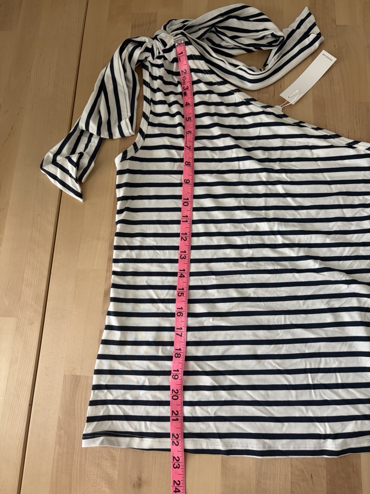 Trina Turk One Shoulder Top NWT Sz M Indigo White Stripe Bow Stretch Viscose