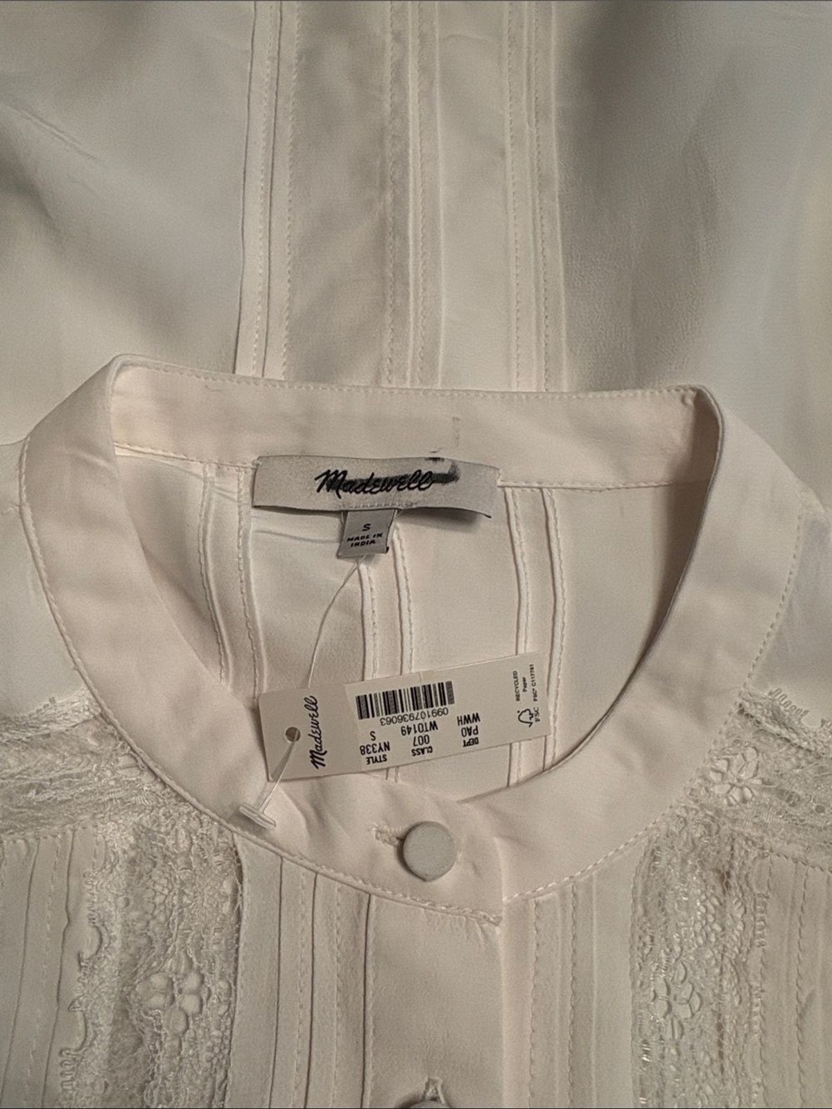 Madewell women’s Lace-Insert Button-Up Long-Sleeve Top white Size S NWT