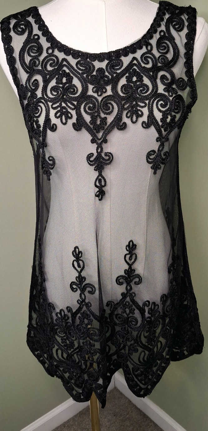 YOLOSANGELES Black Sheer Mesh Embroidered Lace Tunic Top Boho Gothic S