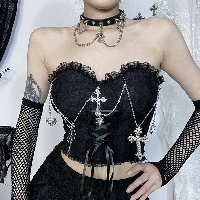Gothic Vintage Flocking Camisole Women Fairycore Grunge Y2K Lace Crop Tops