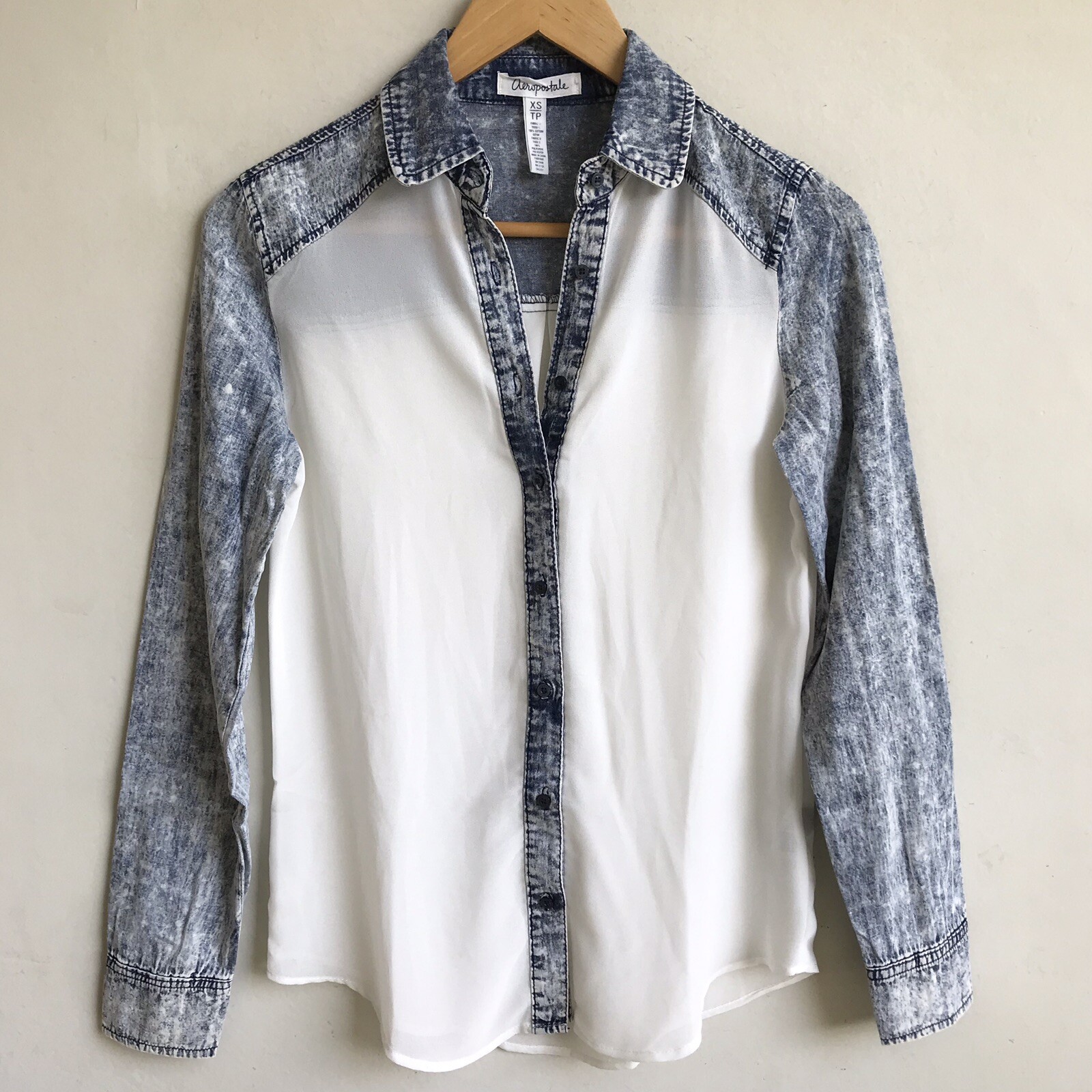 AEROPOSTALE Woman Blouse Size XS Sheer Ivory Top Button Down Denim Long Sleeve