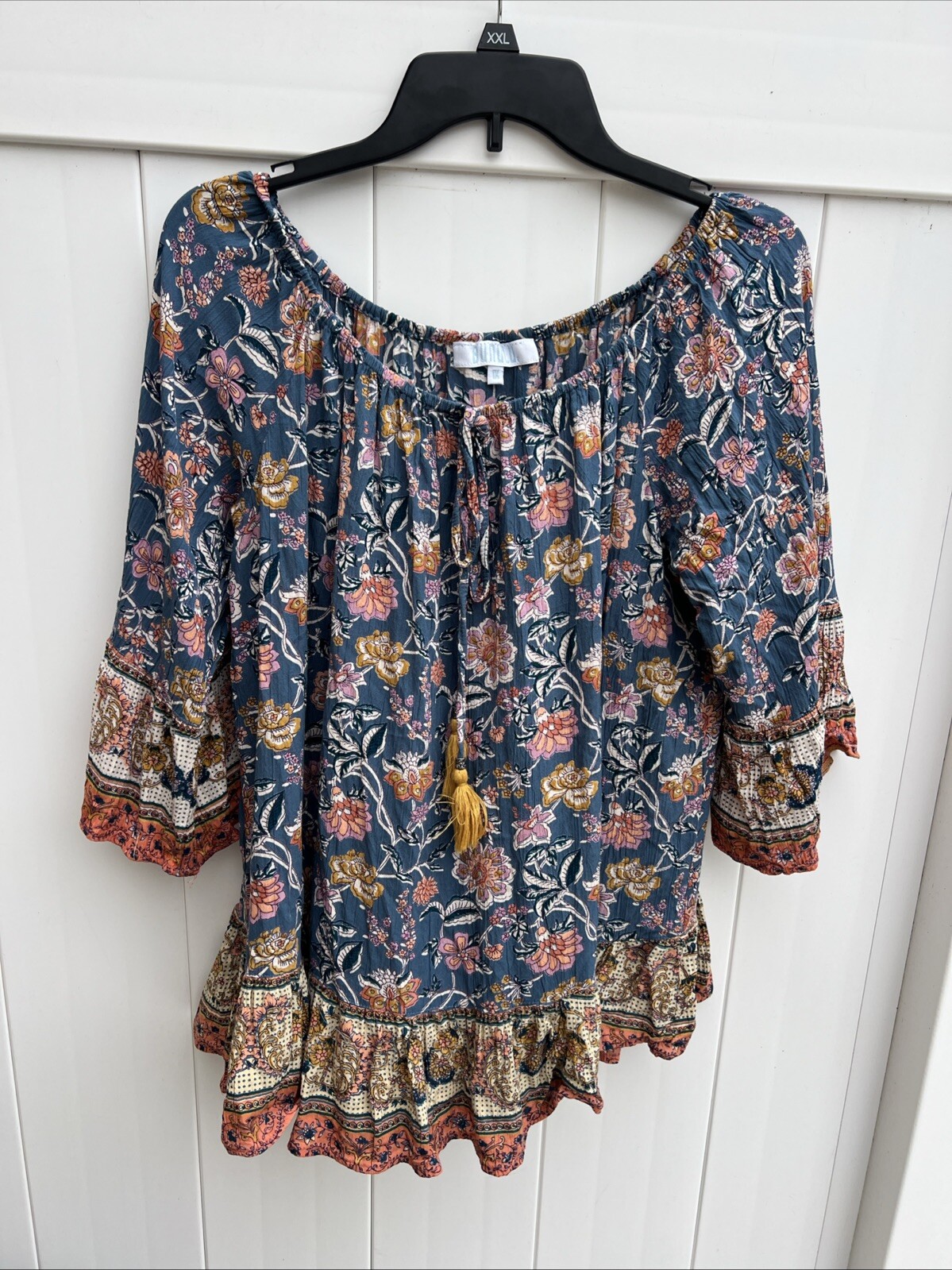 Bunulu Women’s Top Boho Off The Shoulder Floral Colorful Sz 1X Tassles