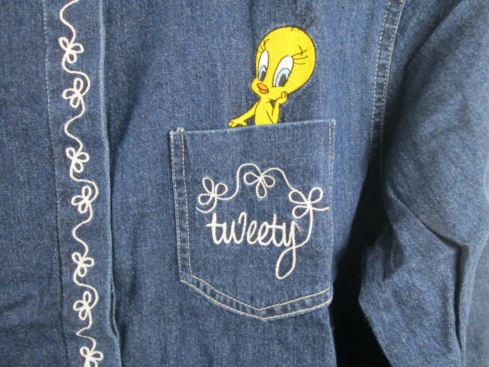 VTG Tweety Bird Blue Denim Shirt Women XL Button Warner Bros w/Socks NWT