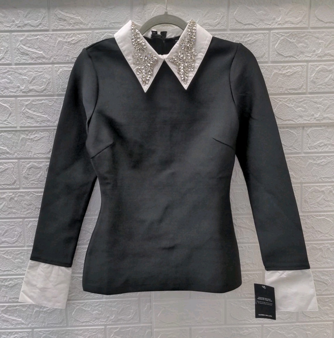 New Karen Millen Long Sleeve Black Figure Form Bandage Embellished Collar Size S