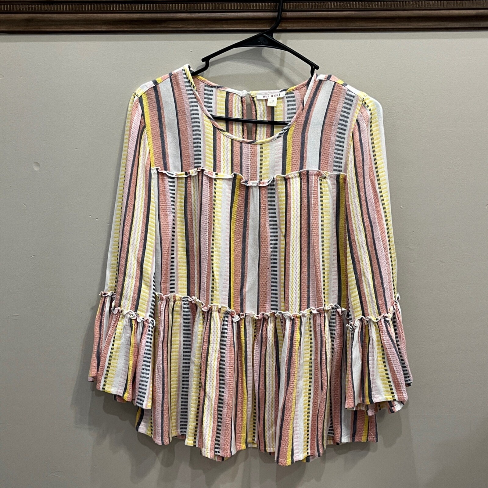 Mi ami Striped Tier Ruffle Trim 3/4 Sleeve Blouse Beach Y2K Boho Cottage Medium