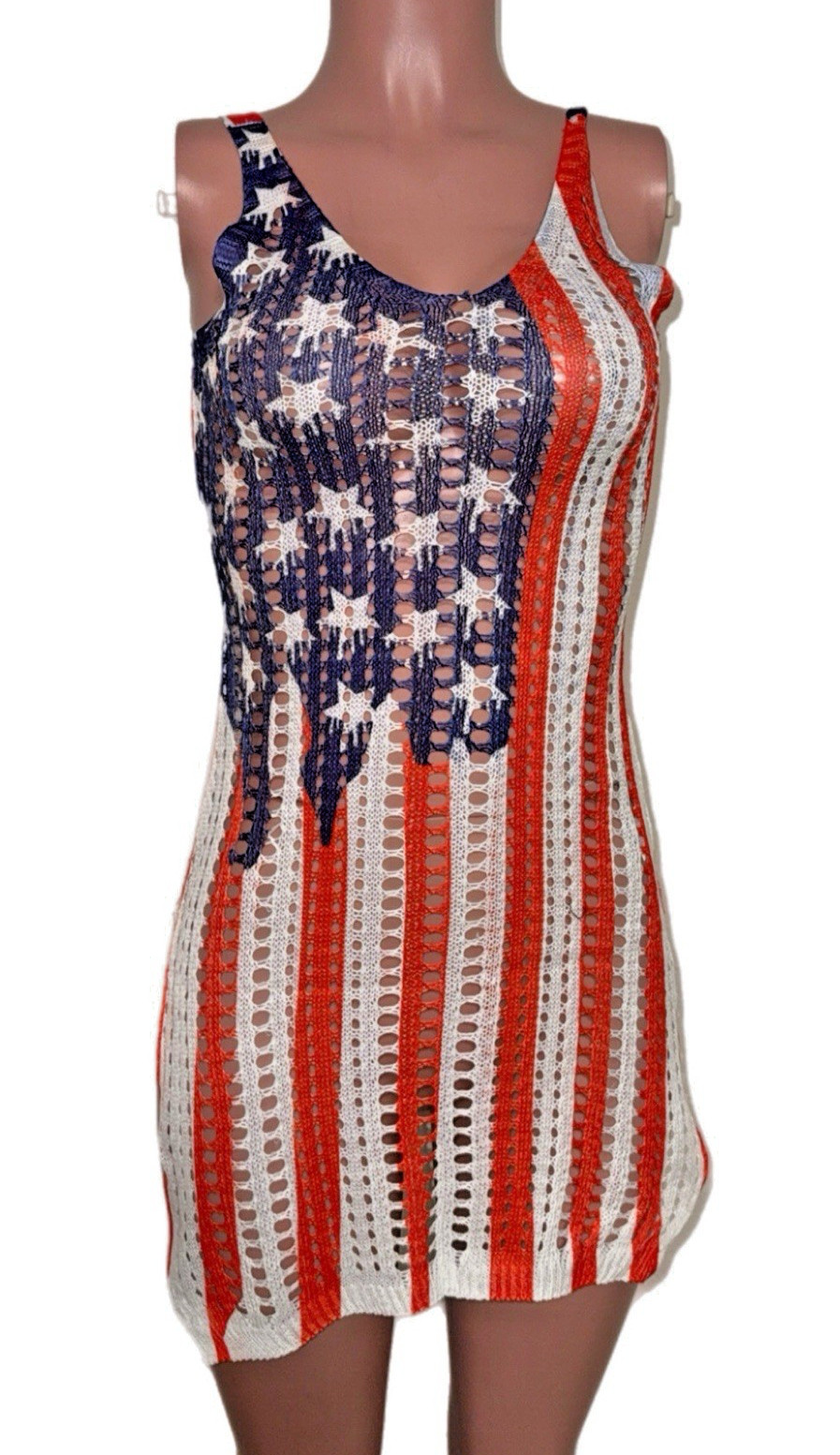 American Flag USA Swimsuit Crochet POLY OPEN CUT OUT KNIT Cover Up Dress JULY 4