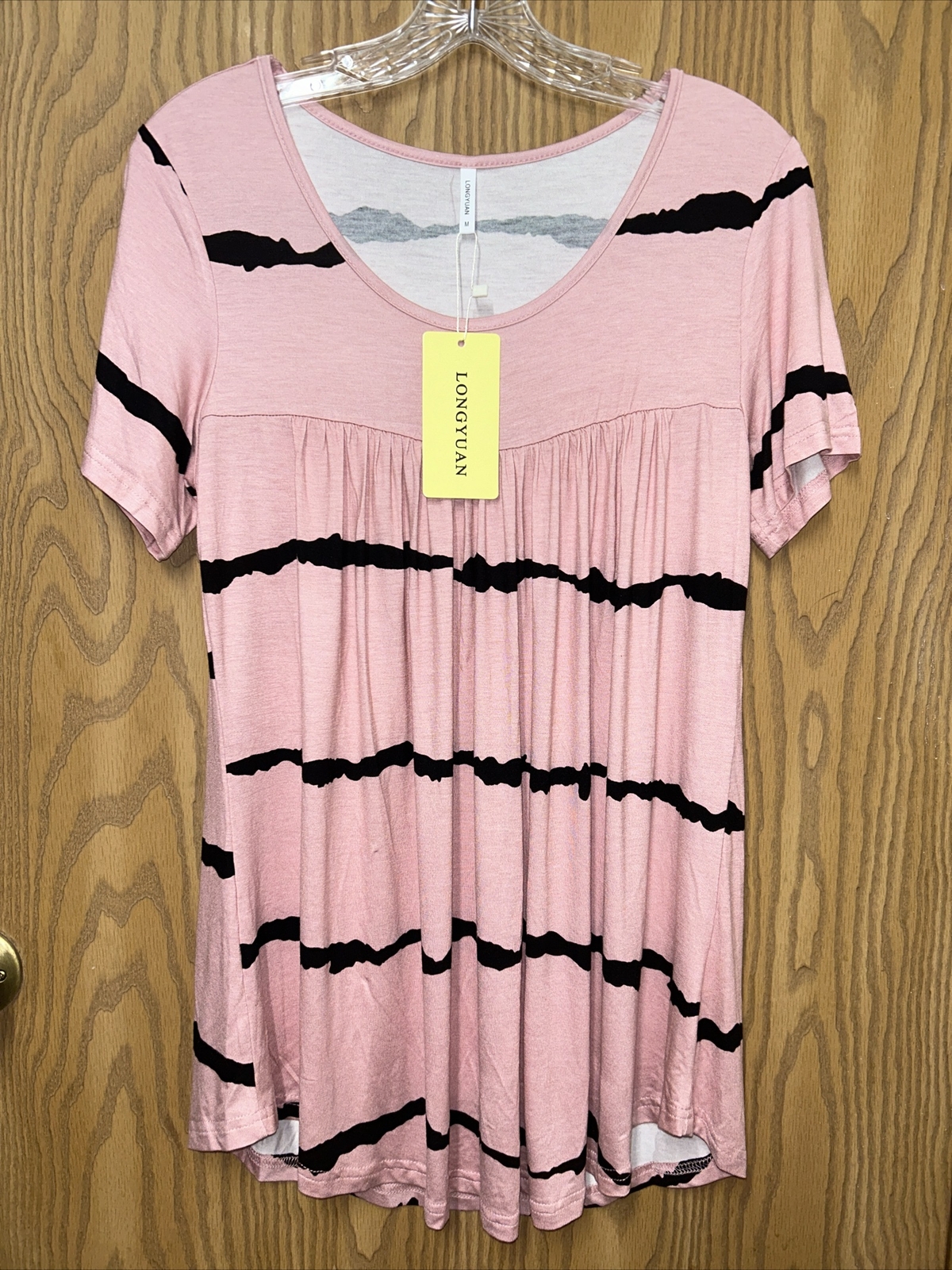 NWT Womens Longyuan Pink Black Striped Soft Short Sleeve Top Casual Shirt SIZE M