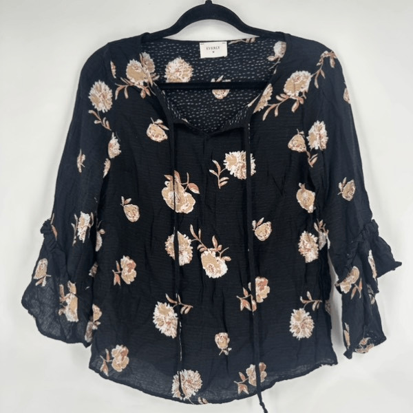 Everly Women’s Blouse Floral 3/4 Length Ruffle Sleeve Flower Feminine Size Small
