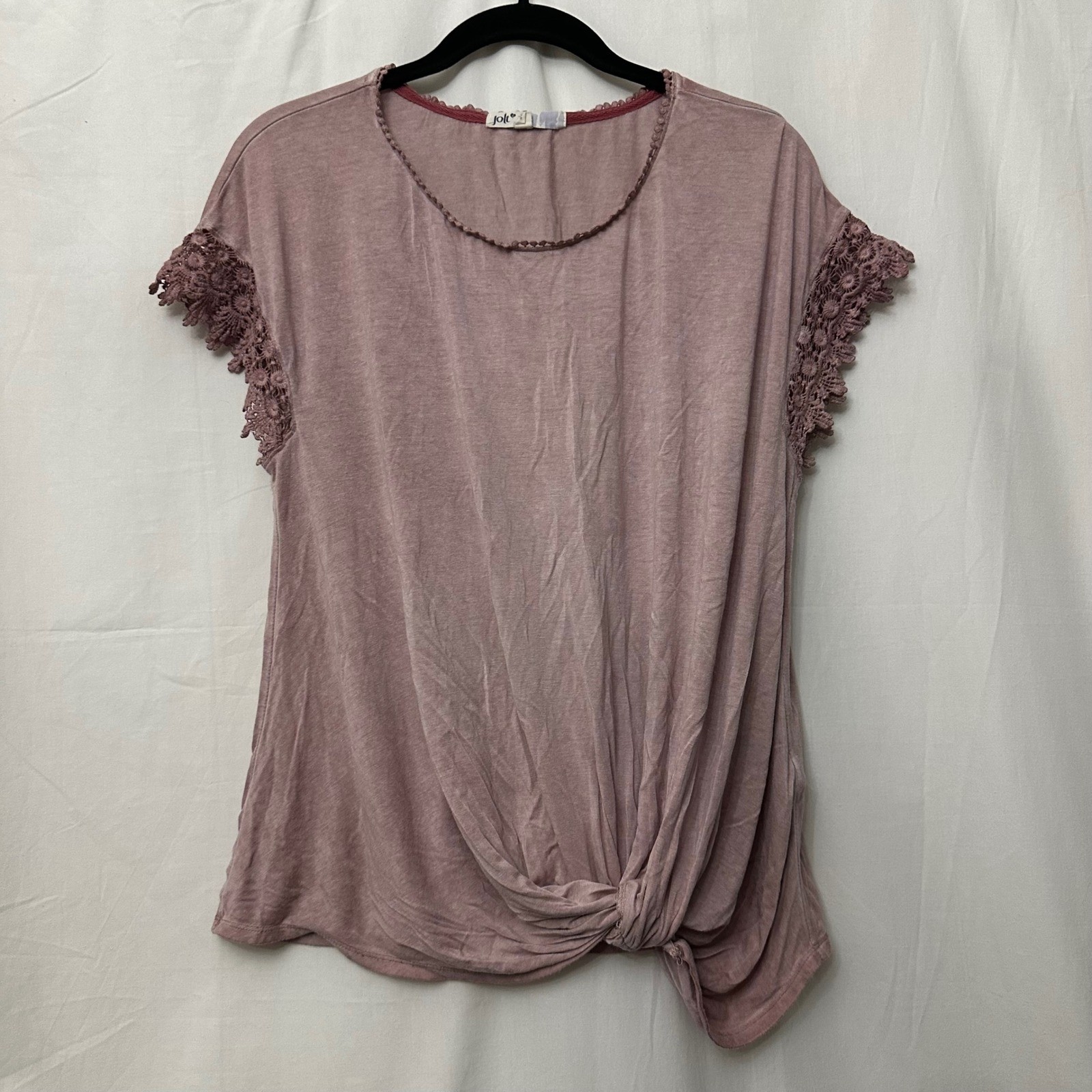 Jolt Mauve Crochet Lace Sleeve Front Knot Top XL J8643LEA