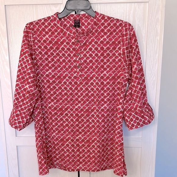 MYX Women’s Cotton Straight Kurti Tunic Red and Pink Block Print Blouse Size XXL