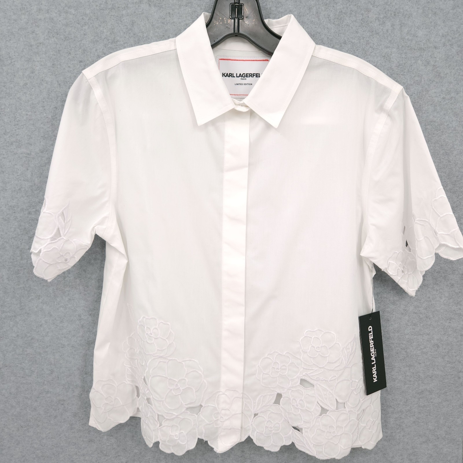 Karl Lagerfeld Paris Floral Cutout Button Up Collared White Top Womens Size XS