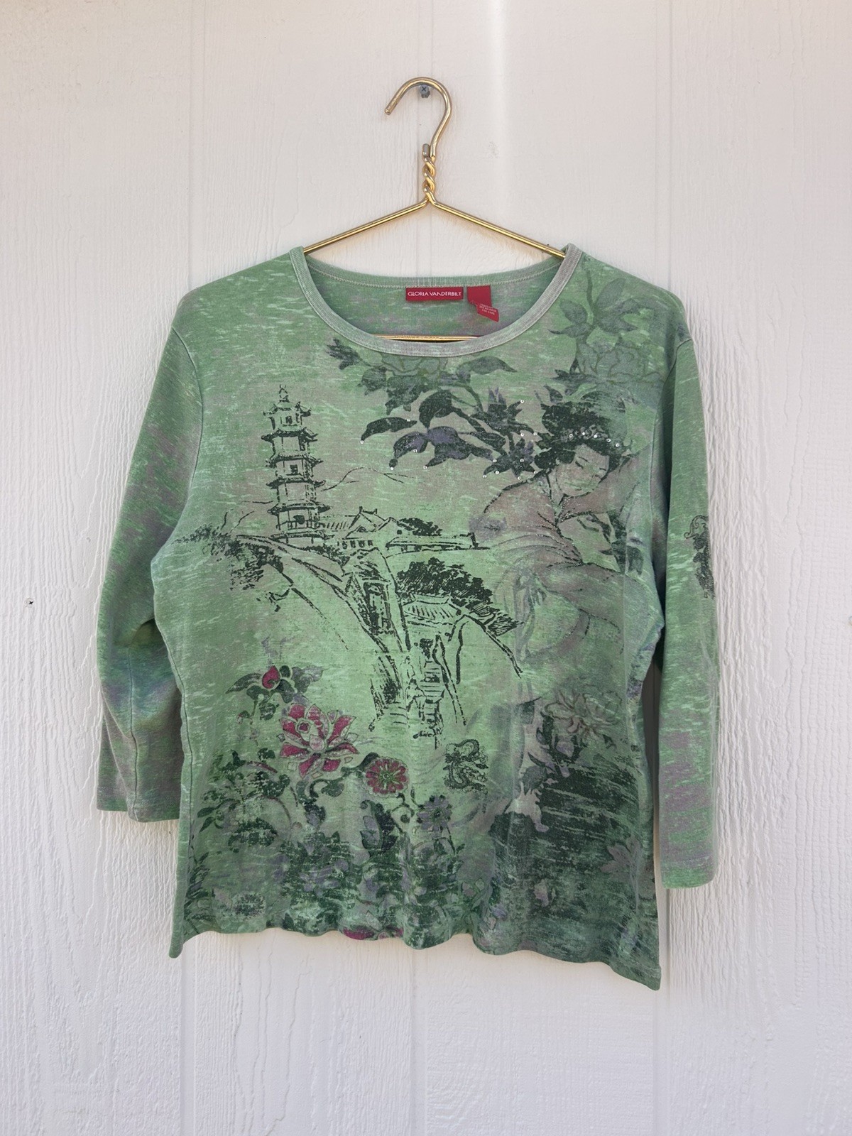 Gloria Vanderbilt Womens Y2K Pagoda Graphic Tie Dye Rhinestone Top Green XL