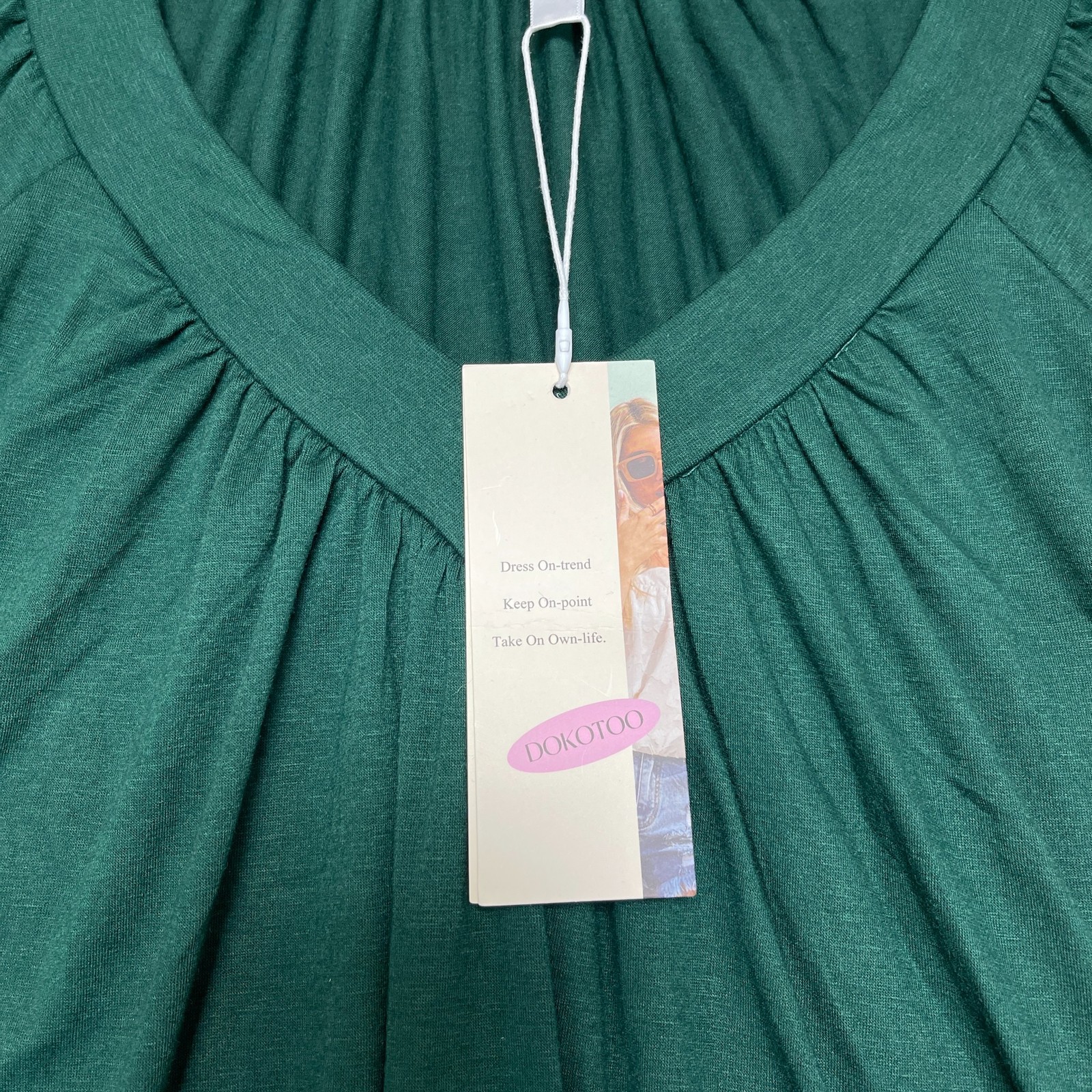 Dokotoo Blouse Top Womens XL Dark Green Summer Wear Pleated V-Neck Shirred Hem