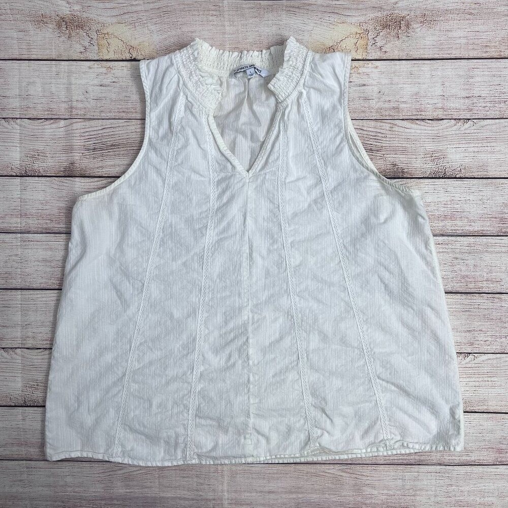 Elizabeth and James Women’s White Smocked Ruffle Neck Sleeveless Blouse | Size L
