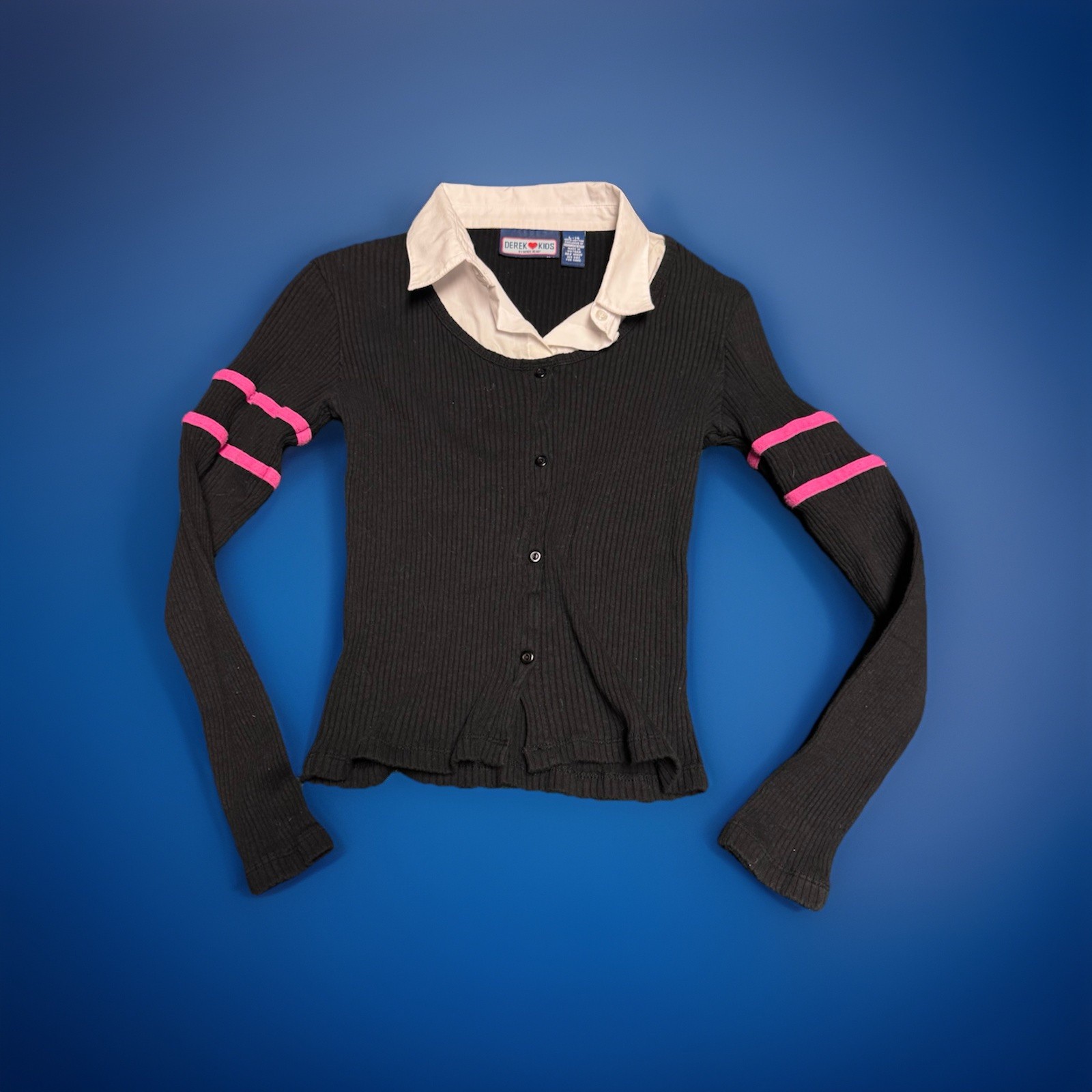 Y2K Preppy Layered Striped Rugby Knit Top Schoolgirl Collar Coquette L 14
