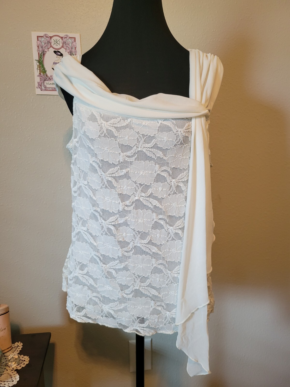 White Chiffon & Lace Blouse, By CAMILLE LA VIE, Sleeveless Drape Shoulder,Size L