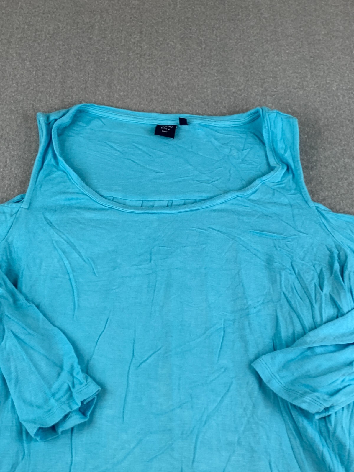 Kaari Blue Curvey Cold Shoulder Swing Tunic Shirt Womens 1X Teal Blue Stretch