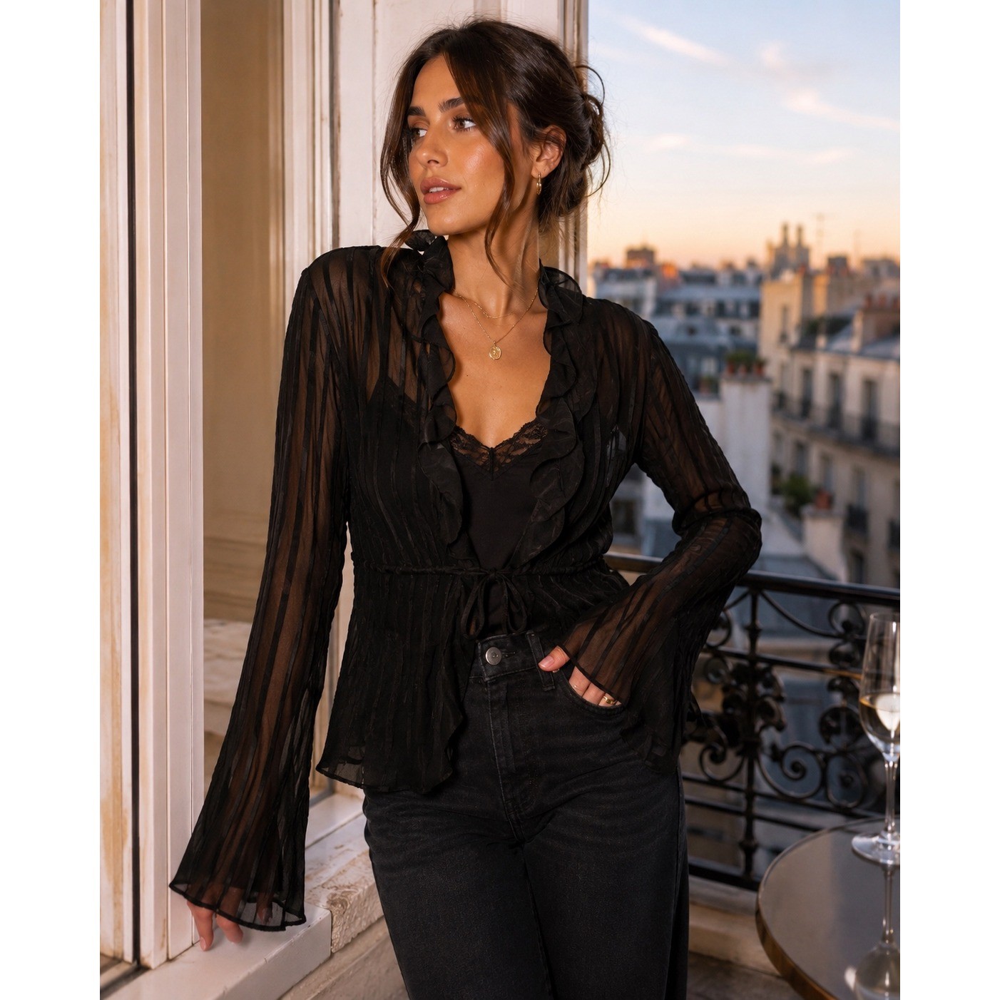 Chic Parisian Sheer Whimsygoth Ruffle Pleated Blouse Bell Sleeve Romantic Sz M
