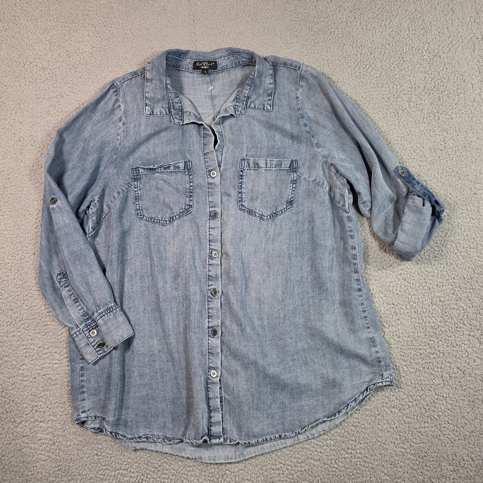 Velvet Heart Chambray Button Up Shirt Womens 1X Blue Roll Tab Sleeve Western