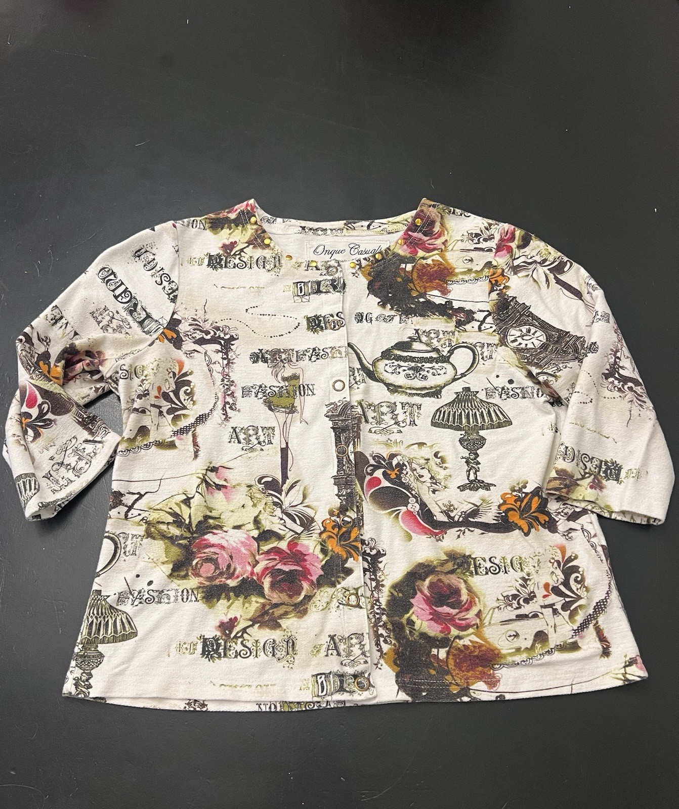 Onque Casuals Y2k French Treasures Tea Cup Floral Snap Up Cardigan Blouse Sz XL
