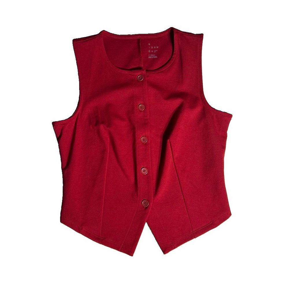 A New Day Women’s XS Red Solid Round Neck Button Front Knit Polyester Vest