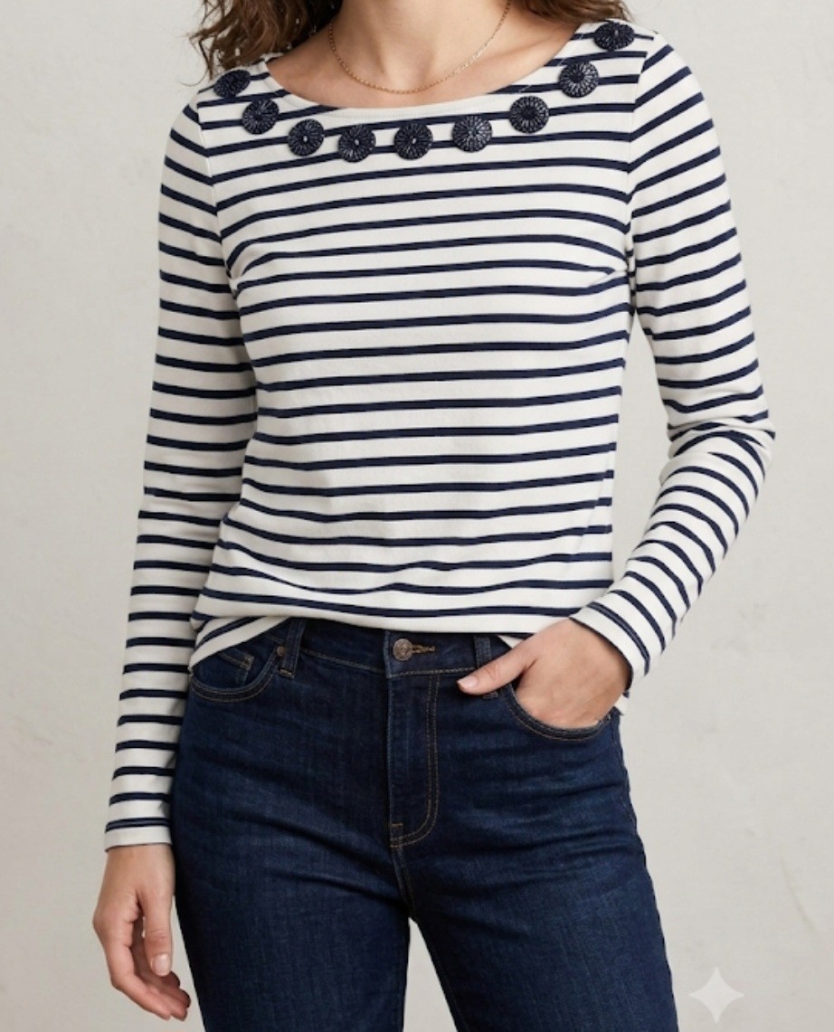 Vineyard Vines Sequin Boat Neckline Navy and White Stripe Long Sleeve Top…