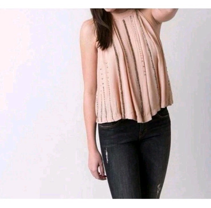 NWT Free People Shimmer and Shine XS Swing Tank Blouse Top Nude Cutout Beaded