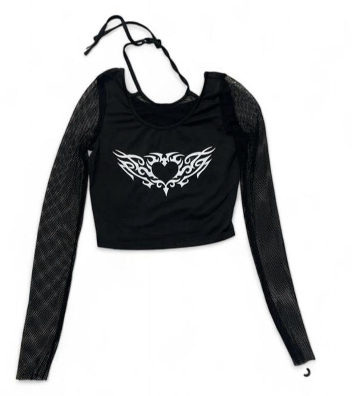Women’s Black Fishnet Mesh Long Sleeve Cropped Halter Strap Graphic Top Size S
