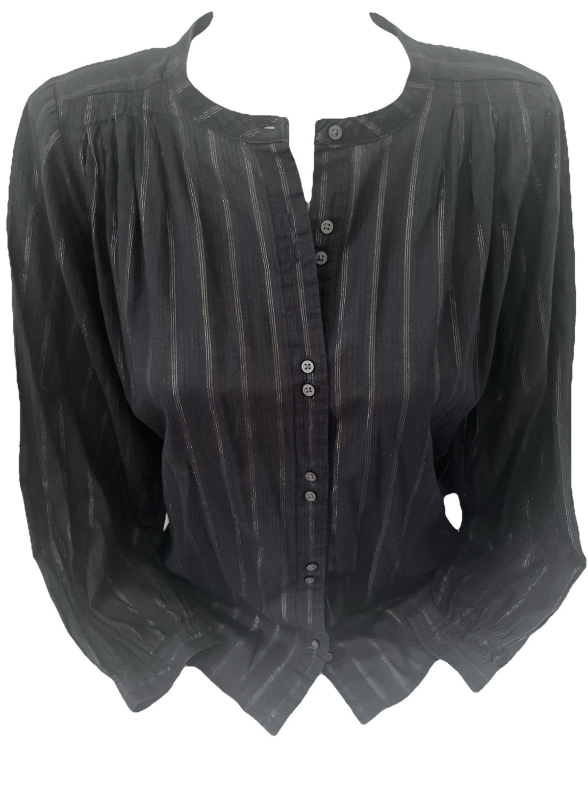 Gap Womens Blouse Button Collarless Peasant Top Metallic Stripes Cotton Black PS