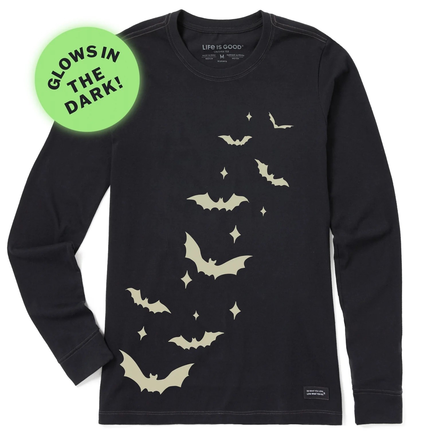 NWT Women’s Life is Good Glow In The Dark Bats Halloween Black LS Crusher Tee