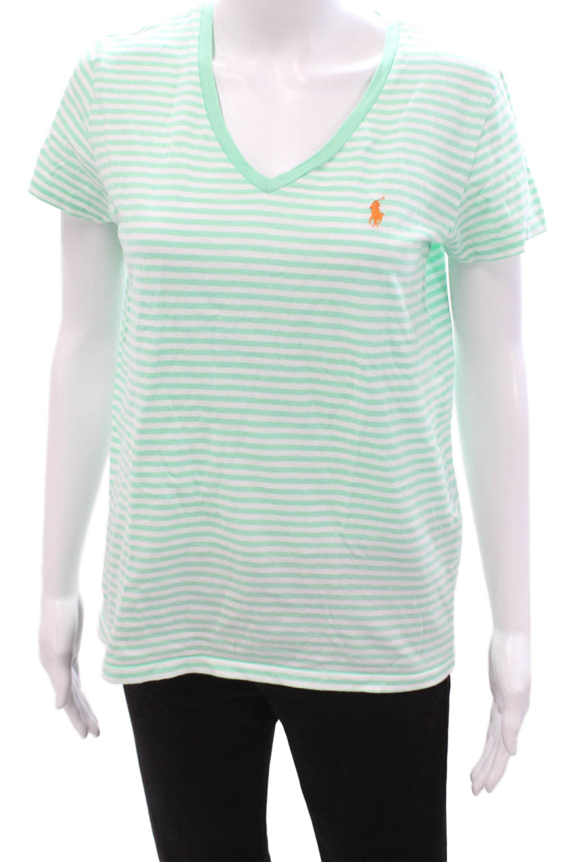Ralph Lauren Blue Label Women Striped V-Neck T-Shirt Green Short Sleeve Size L