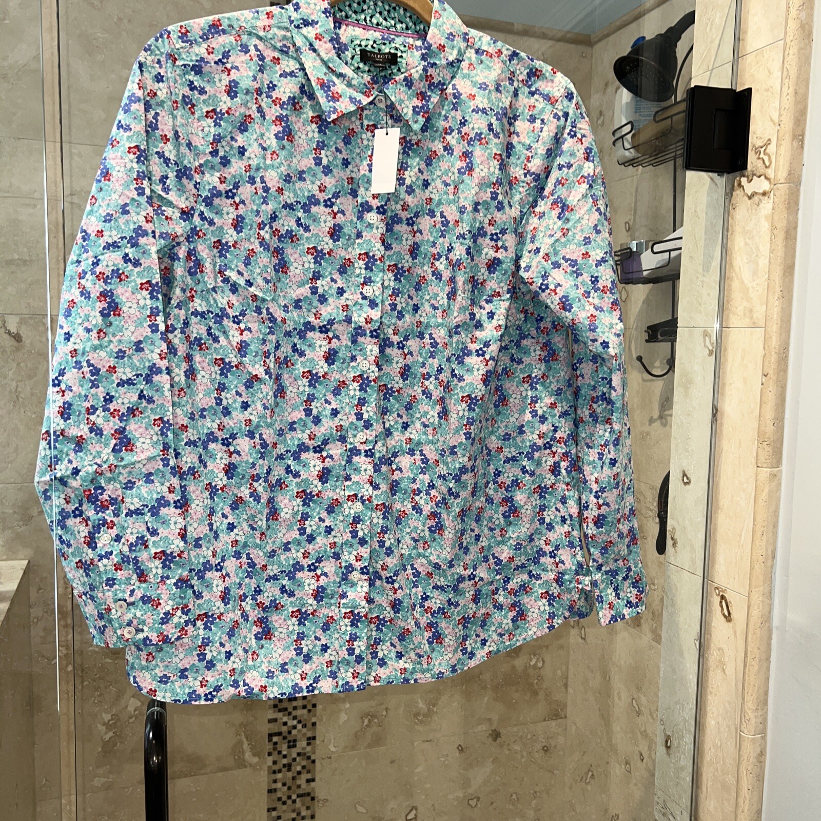 Nwt New TALBOTS Cotton Tropical Blue Green Shirt Blouse L Lp red white