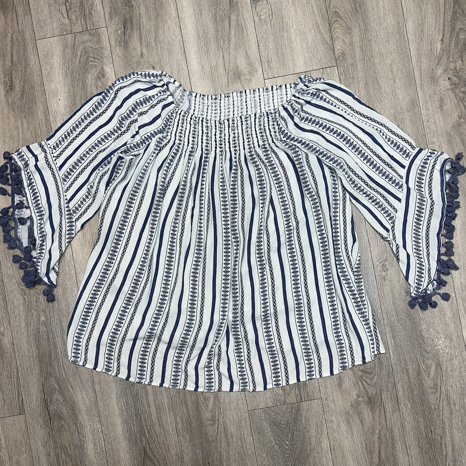 Striped Blue Tunic Flow Flare Tassel Sleeve Swim Suit Cover BOHO OS