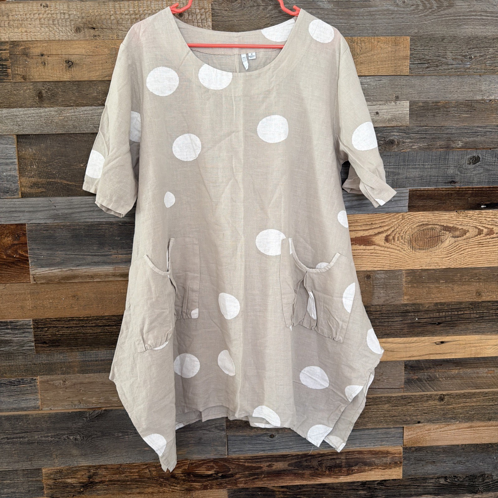KAKTUS BLOUSE-Beige Linen/Cotton Short Sleeve Trapeze White Polka Dots Pockets M