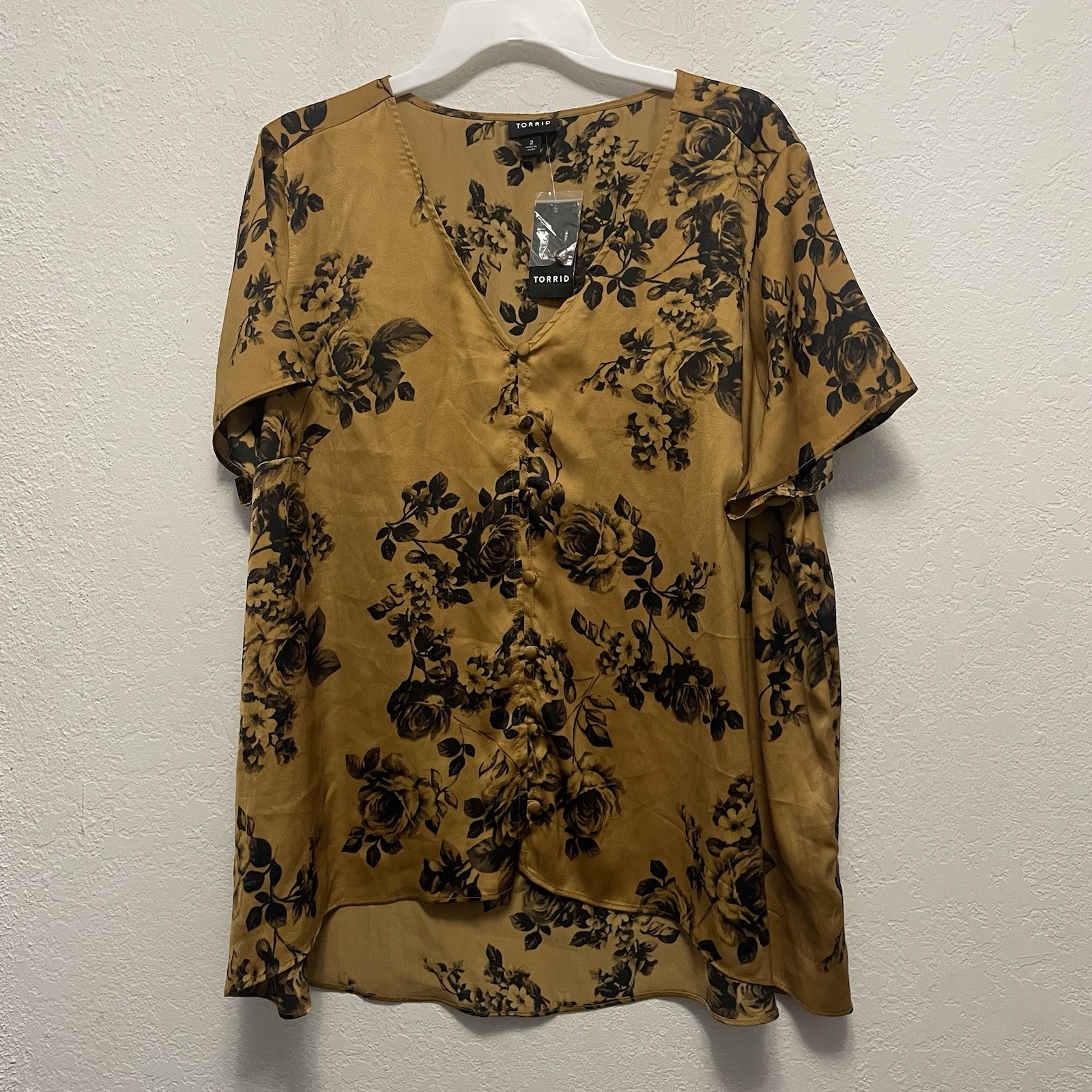 Torrid Floral Satin Charmesuse Button Midi Blouse Marigold Black 2X NEW