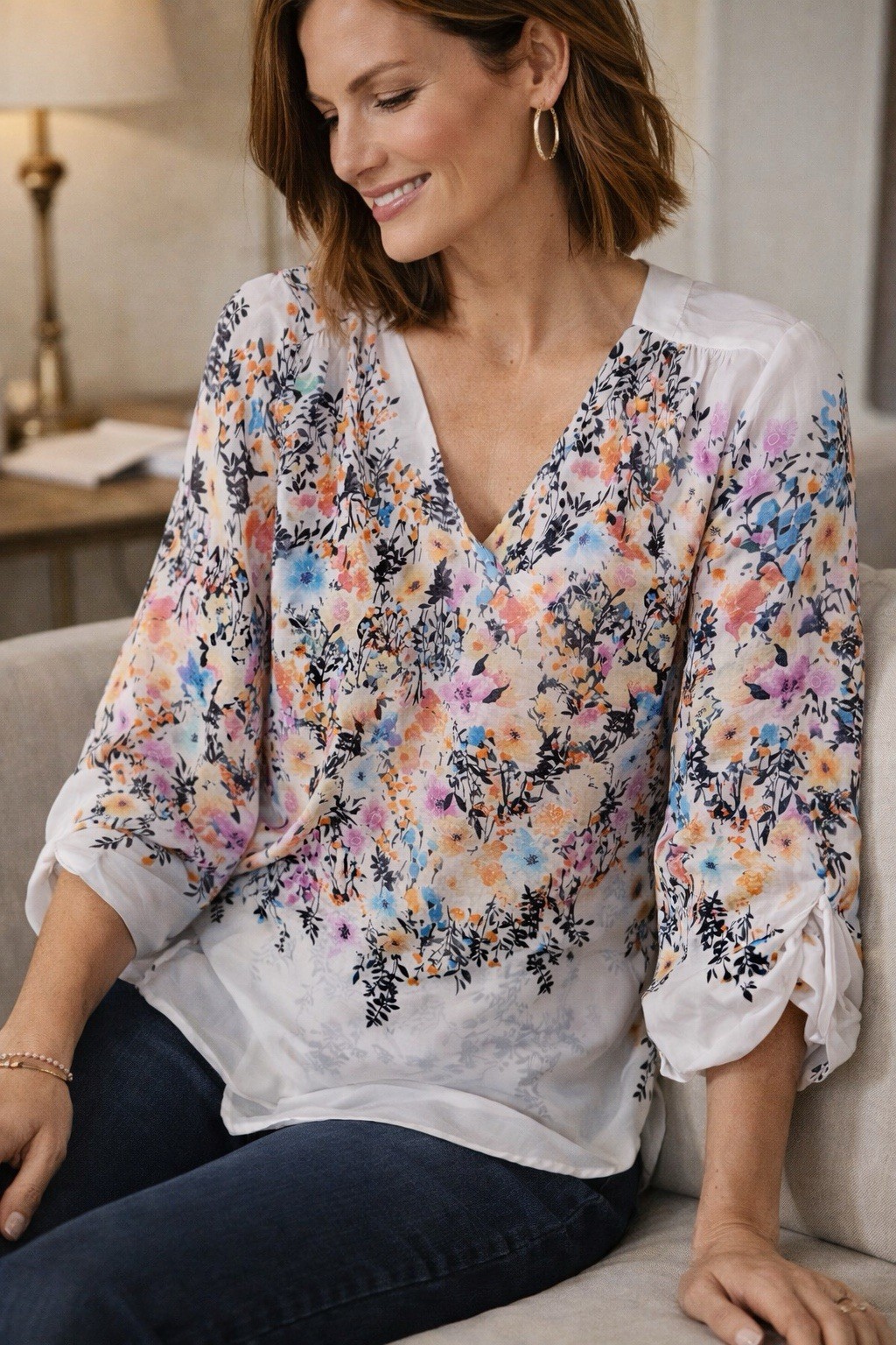 Alice Blue Zinnia V Neck Floral Blouse Watercolor Print Semi Sheer NWT Sz L
