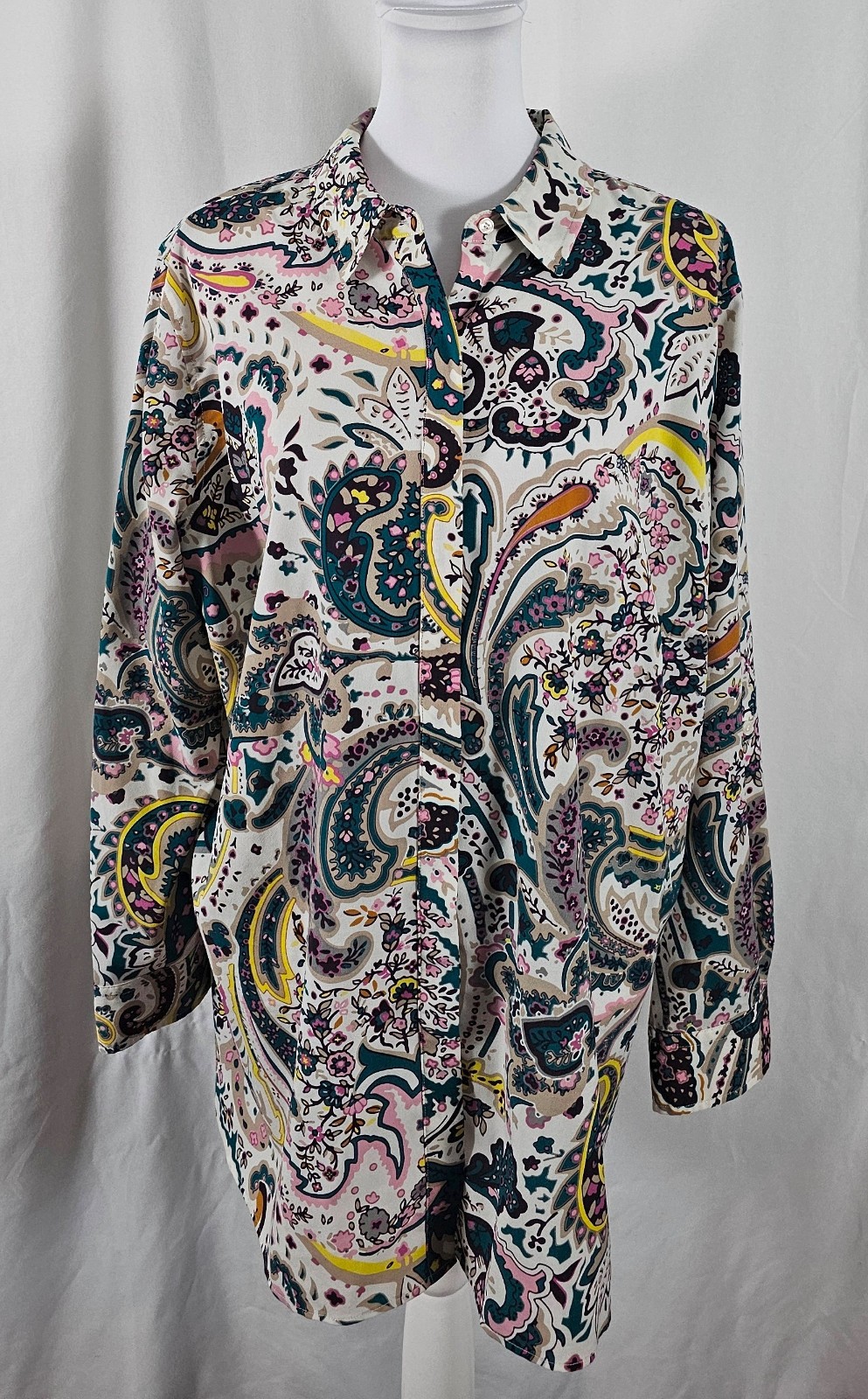 Talbots Womens Blouse Buttons Pink Blue White Brown Green Polyester 2X