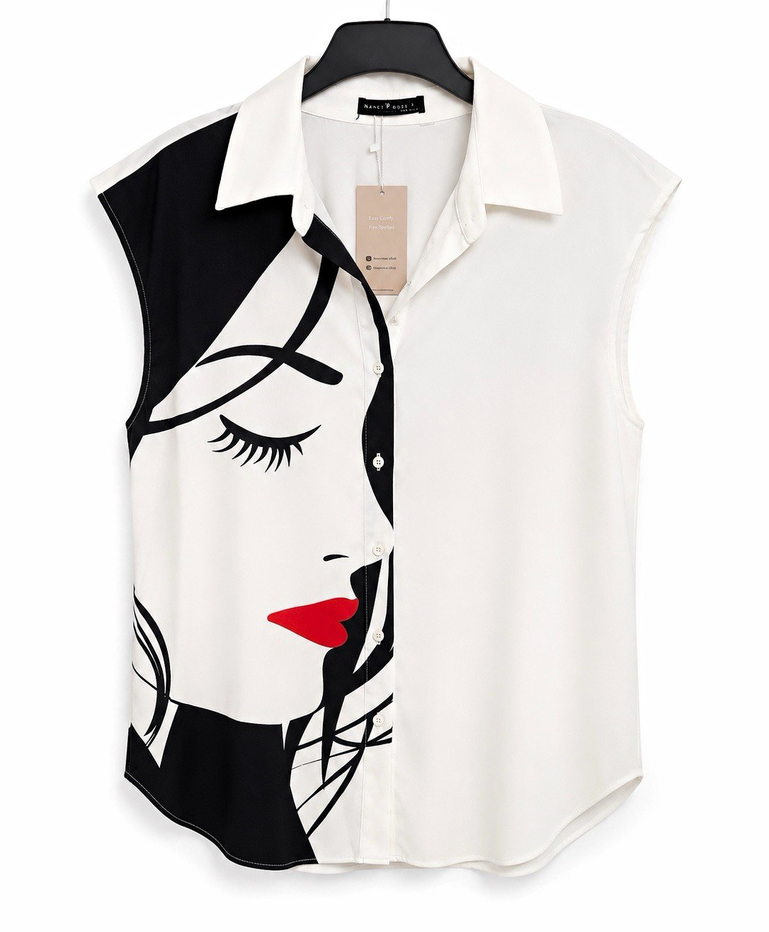 Nanette Lepore White Sleeveless Collared Button-Up Blouse Art Graphic Print S