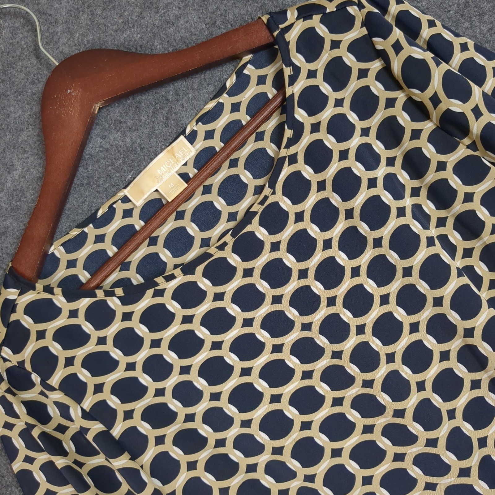 Michael Michael Kors Navy Gold Chain Link Smocked Waist Blouse Top Medium M