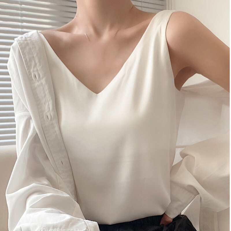 Women Casual Strappy Tank Top Satin V-neck Top Vest Sleeveless Loose Summer Thin