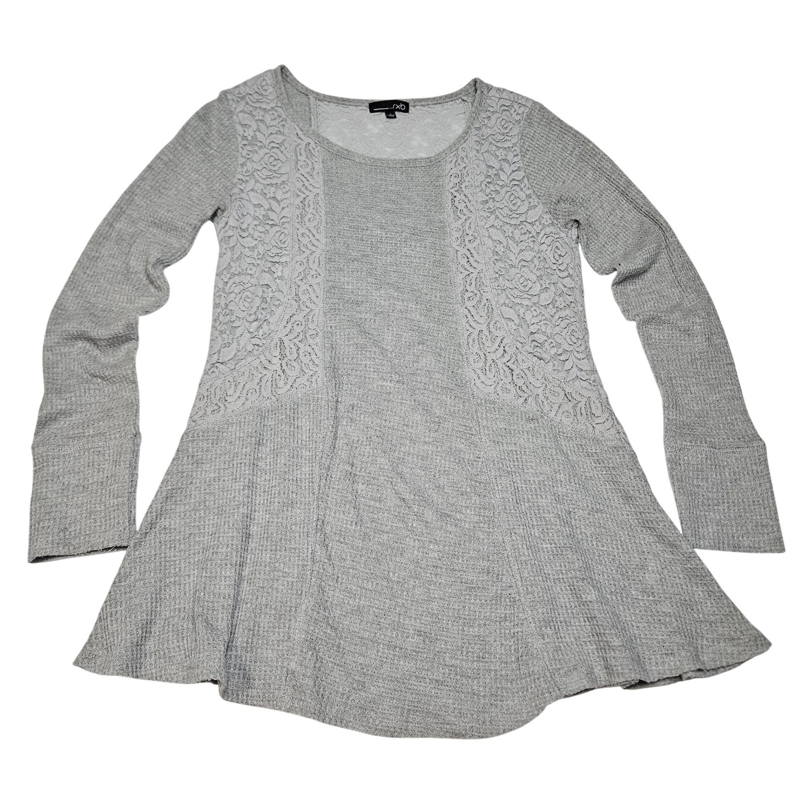 Gray Lace Waffle Knit Thermal Long Sleeve Babydoll Tunic Top S Boho Shabby Chic