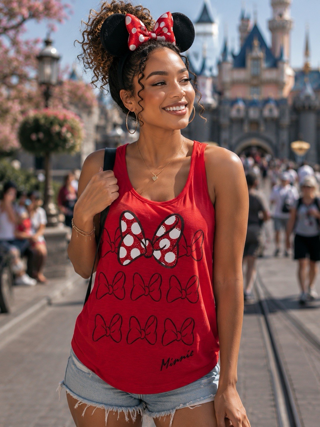 Disney Parks Minnie Mouse Red Rhinestone Bow Racerback Tank Top Large
